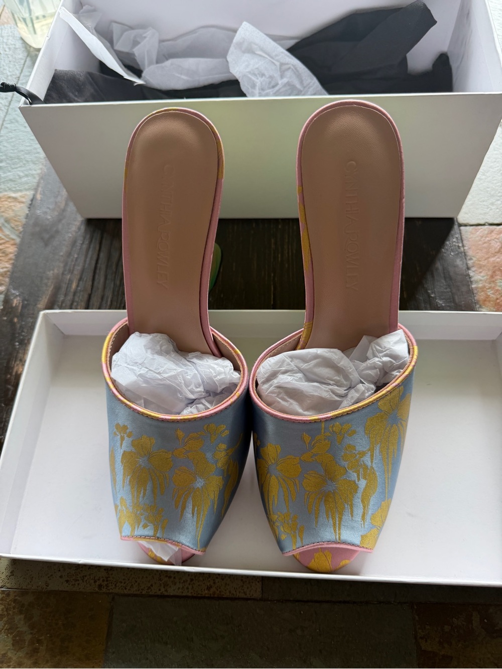 Cynthia Rowley Blue and Yellow Floral Satin Wedge Mules with Pink Trim - Picture 2 of 9